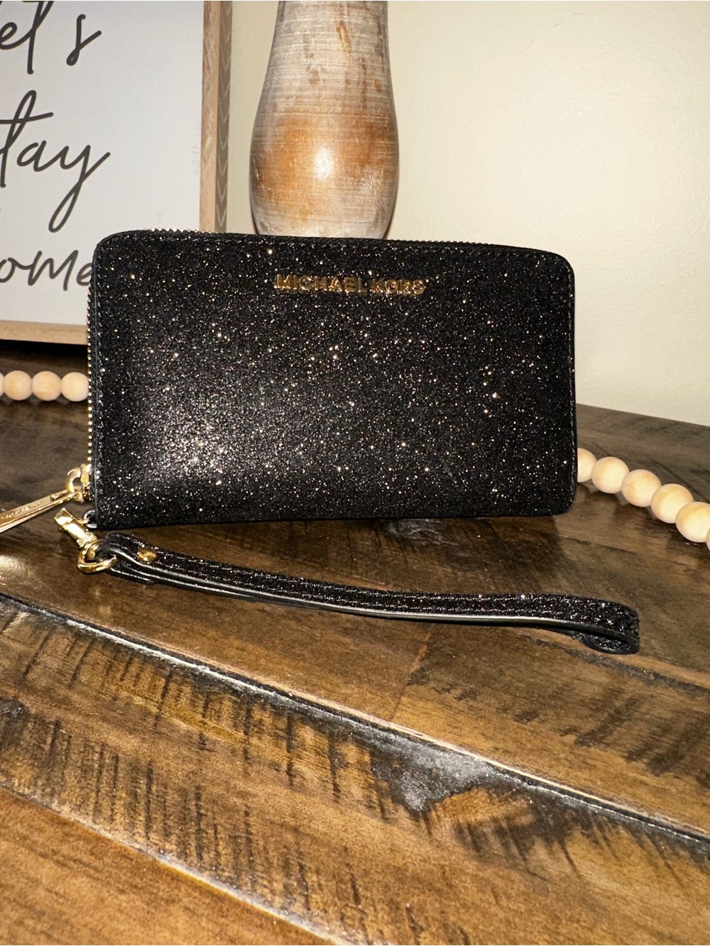 Michael Kors Glitter Zip Around Wallet Black Wristlet NWT